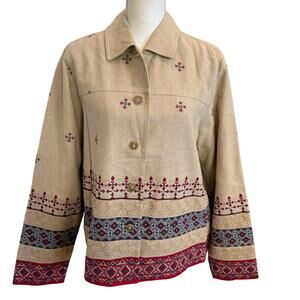 Coldwater Creek Jacket Size 1X Nordic Cross Stitched Tan & Red Linen Blend Lined